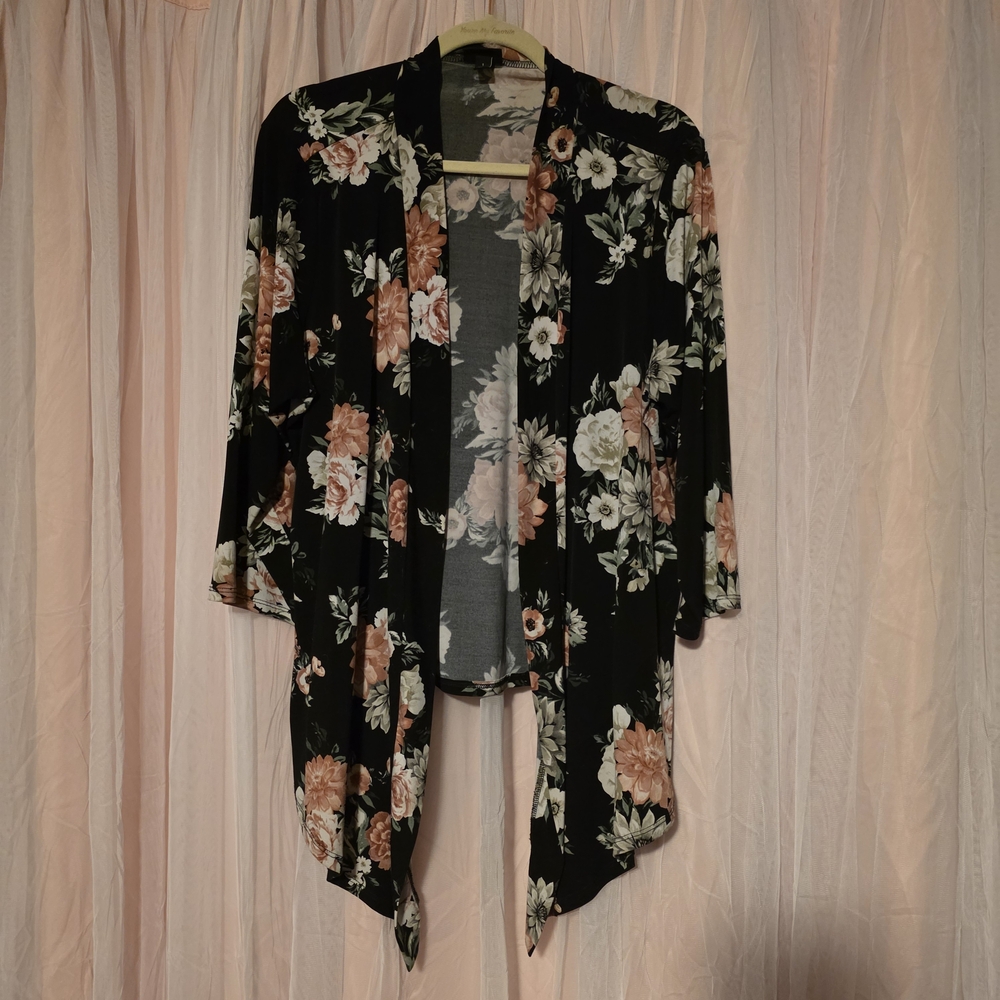 torrid Black Floral Cardigan with Peach and Cream Flowers